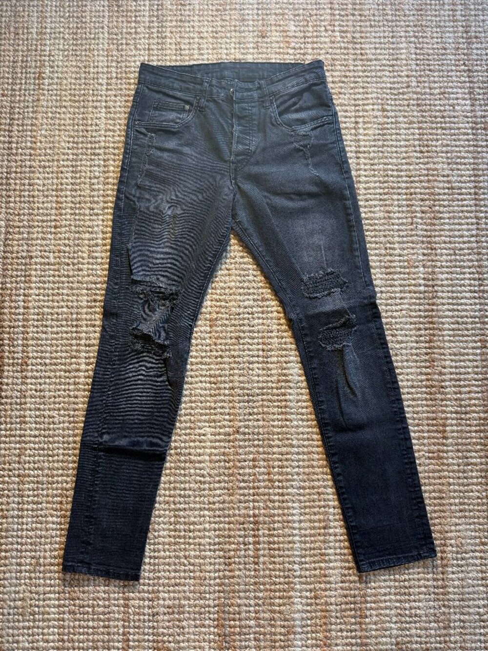 H&M &Denim Mens Skinny Low Waist Distressed Black Button Fly Jeans 32x32